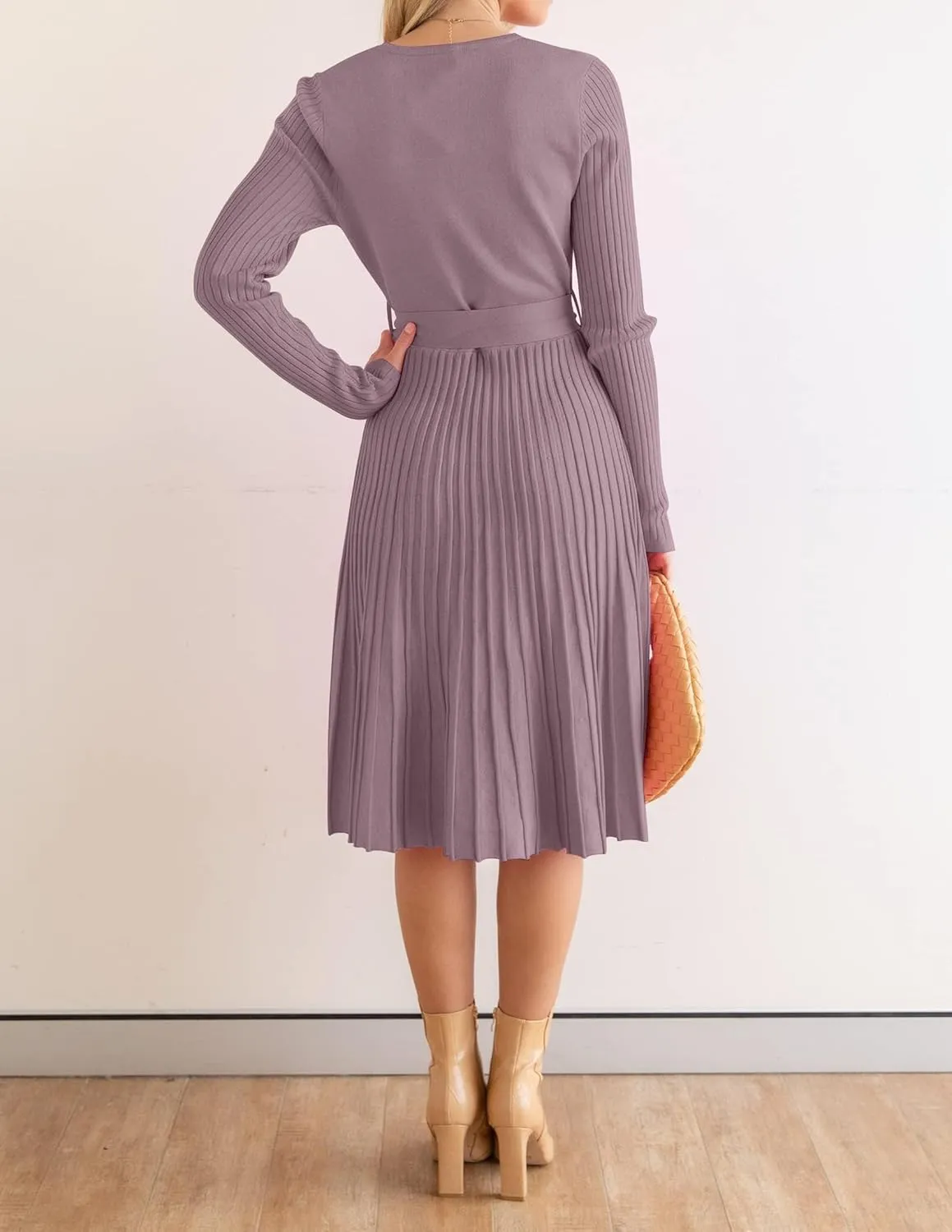 ZESICA Women's Fall Long Sleeve Wrap V Neck Ribbed Knit Pleated A Line Pullover Sweater Dress with Belt