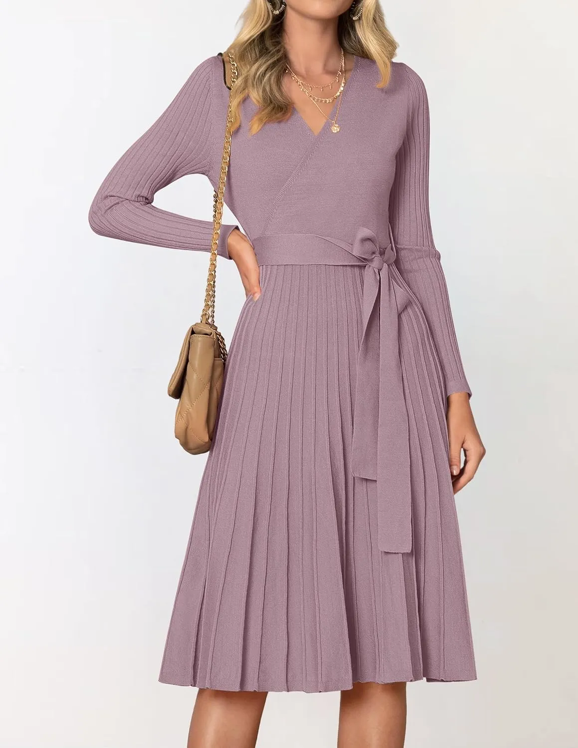 ZESICA Women's Fall Long Sleeve Wrap V Neck Ribbed Knit Pleated A Line Pullover Sweater Dress with Belt