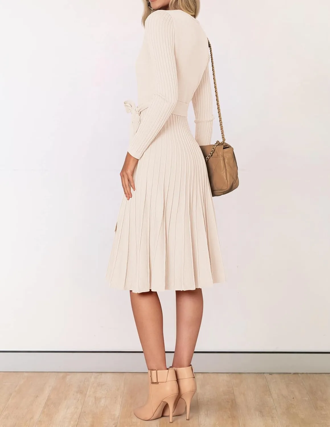 ZESICA Women's Fall Long Sleeve Wrap V Neck Ribbed Knit Pleated A Line Pullover Sweater Dress with Belt