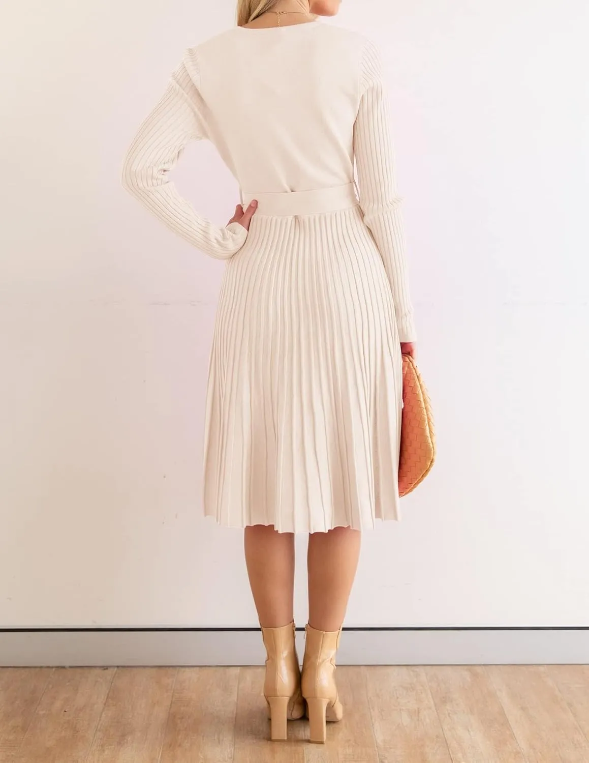 ZESICA Women's Fall Long Sleeve Wrap V Neck Ribbed Knit Pleated A Line Pullover Sweater Dress with Belt