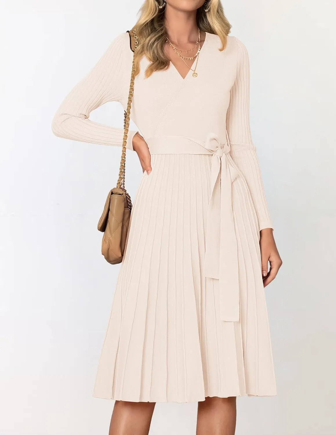 ZESICA Women's Fall Long Sleeve Wrap V Neck Ribbed Knit Pleated A Line Pullover Sweater Dress with Belt