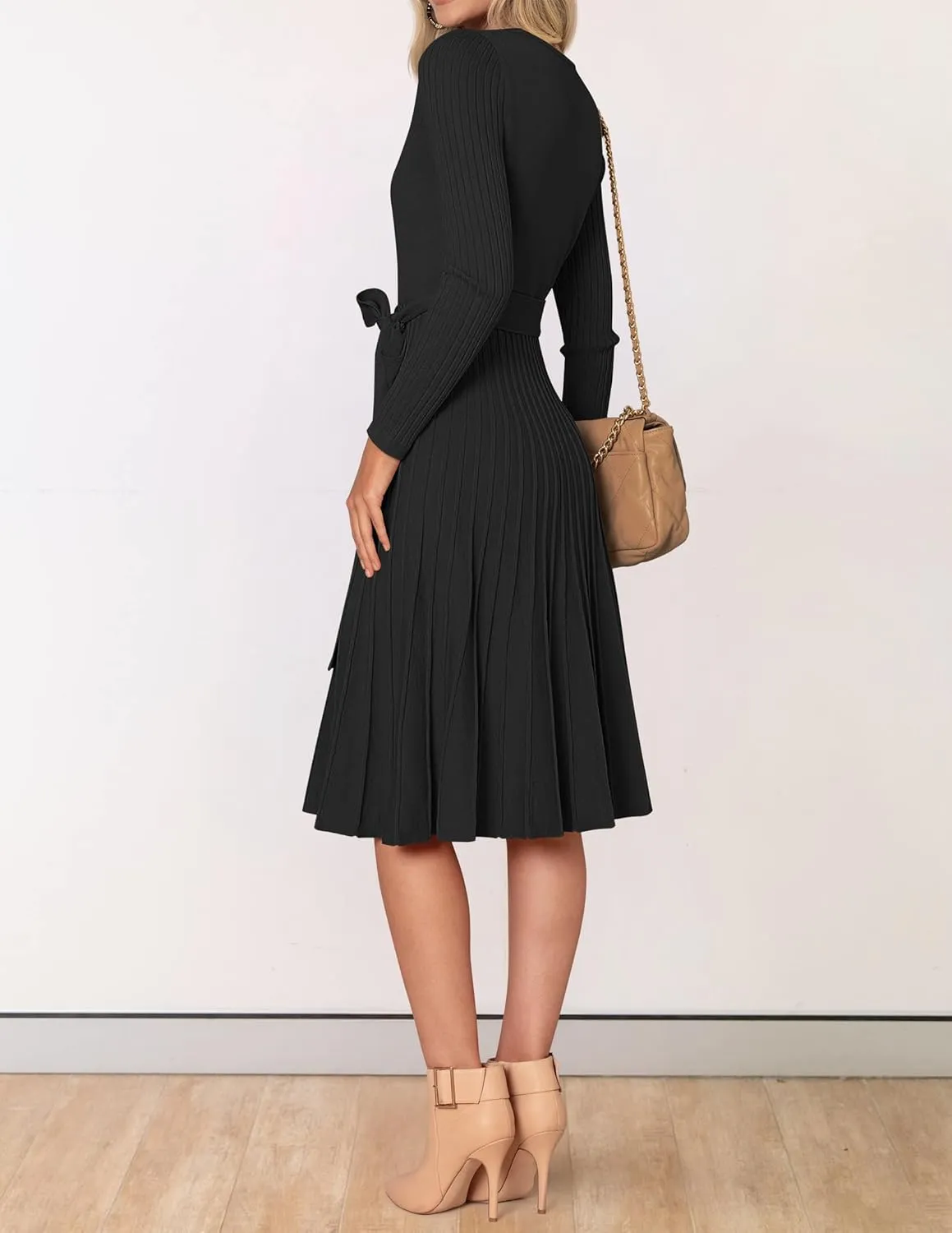ZESICA Women's Fall Long Sleeve Wrap V Neck Ribbed Knit Pleated A Line Pullover Sweater Dress with Belt