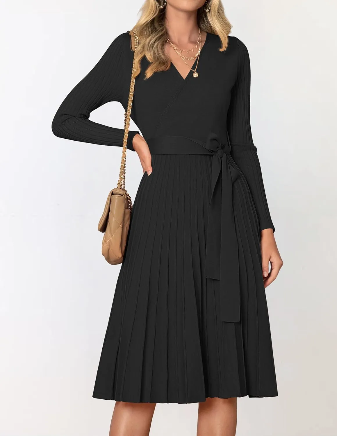ZESICA Women's Fall Long Sleeve Wrap V Neck Ribbed Knit Pleated A Line Pullover Sweater Dress with Belt