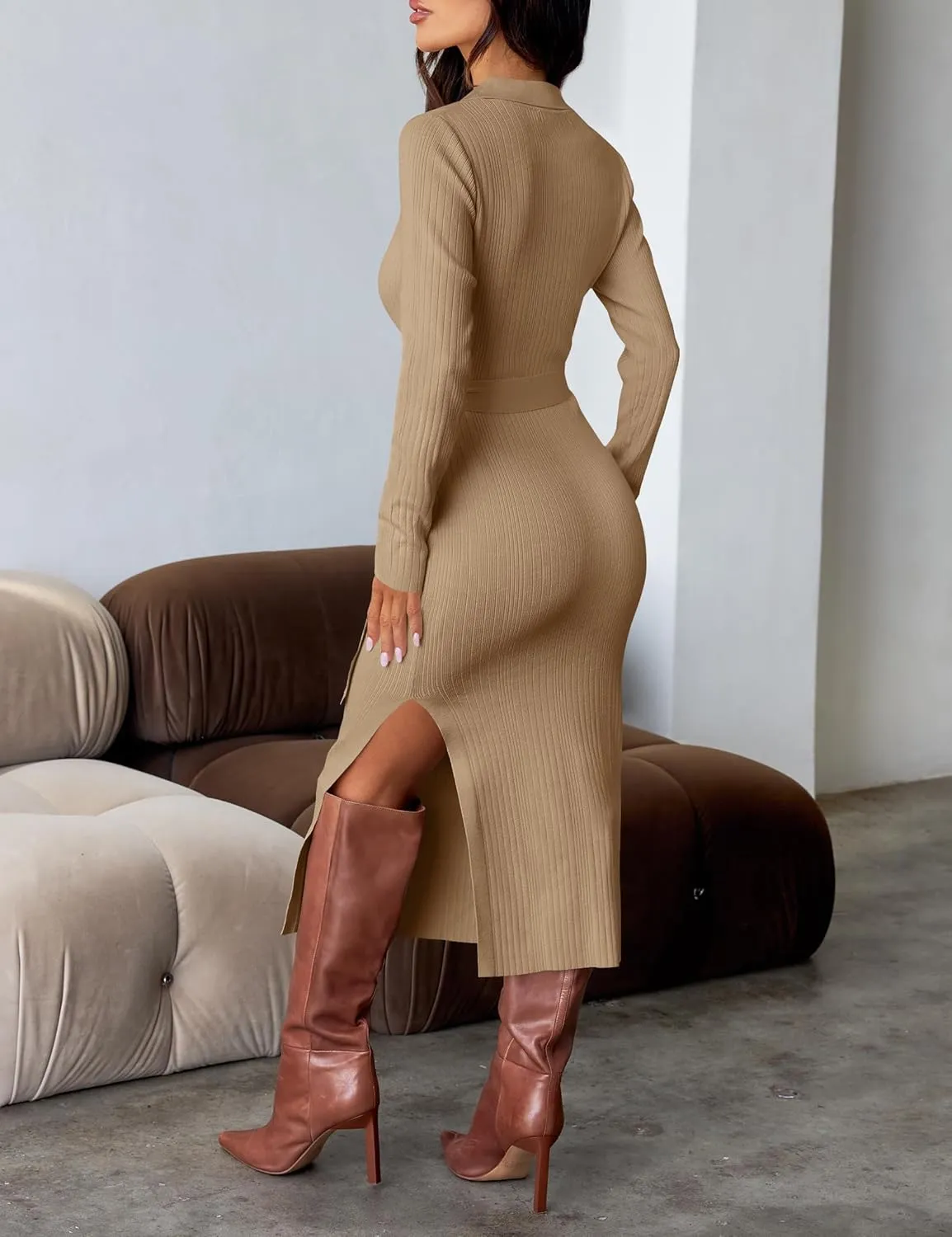 ZESICA Women's Spring Long Sleeve Sweater Dress Lapel V Neck Ribbed Knit Side Slit Bodycon Midi Dresses with Belt