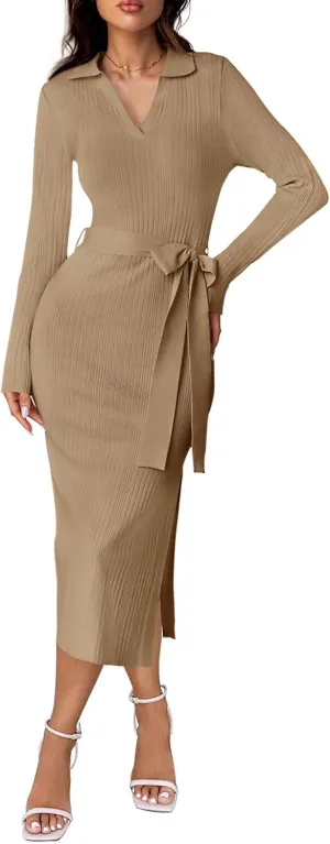 ZESICA Women's Spring Long Sleeve Sweater Dress Lapel V Neck Ribbed Knit Side Slit Bodycon Midi Dresses with Belt