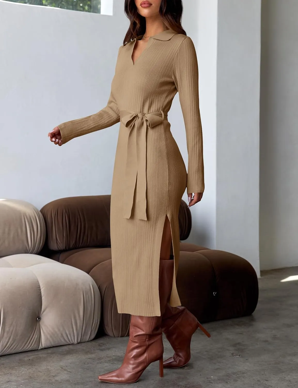 ZESICA Women's Spring Long Sleeve Sweater Dress Lapel V Neck Ribbed Knit Side Slit Bodycon Midi Dresses with Belt