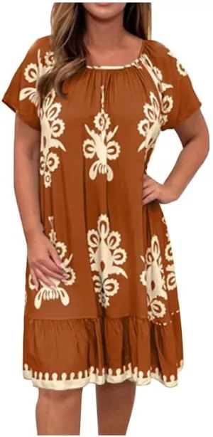 ZOCAVIA Ethnic Style Midi Dress for Women Summer Vintage Boho Floral Dresses Plus Size Crewneck Short Sleeve Mexican Sundress