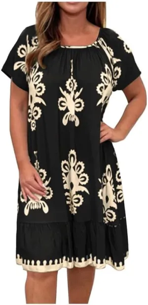 ZOCAVIA Ethnic Style Midi Dress for Women Summer Vintage Boho Floral Dresses Plus Size Crewneck Short Sleeve Mexican Sundress